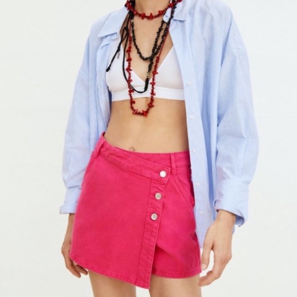 NEW zara hit pink denim hi rise mini skirt skort size s